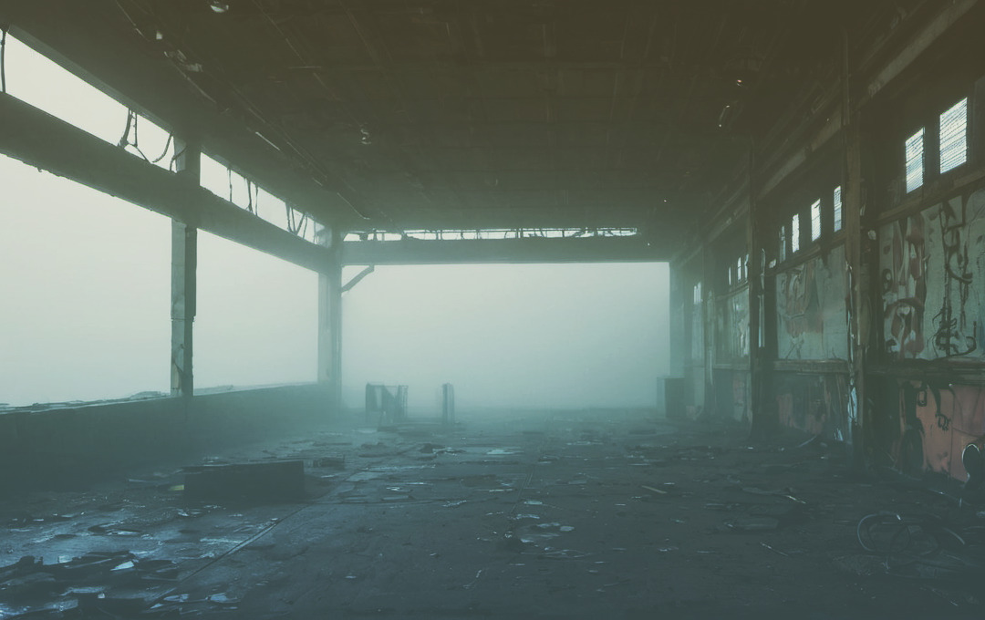 Abandoned industrial warehouse interior filled with fog, broken windows, scattered debris, and graffiti on the walls, creating a moody and atmospheric scene